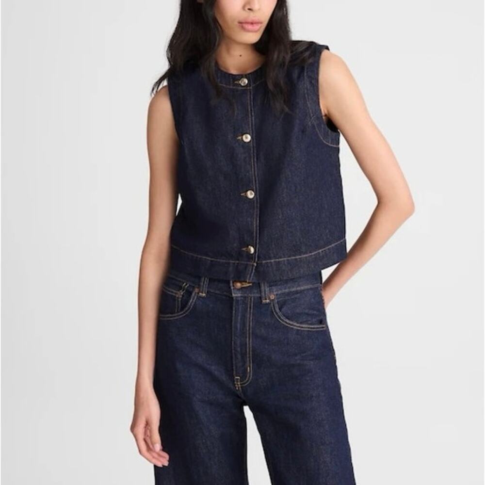 NWT Madewell Denim Shell Vest Top Boxy Fit Button-Front Dark Rinse Wash Size 12